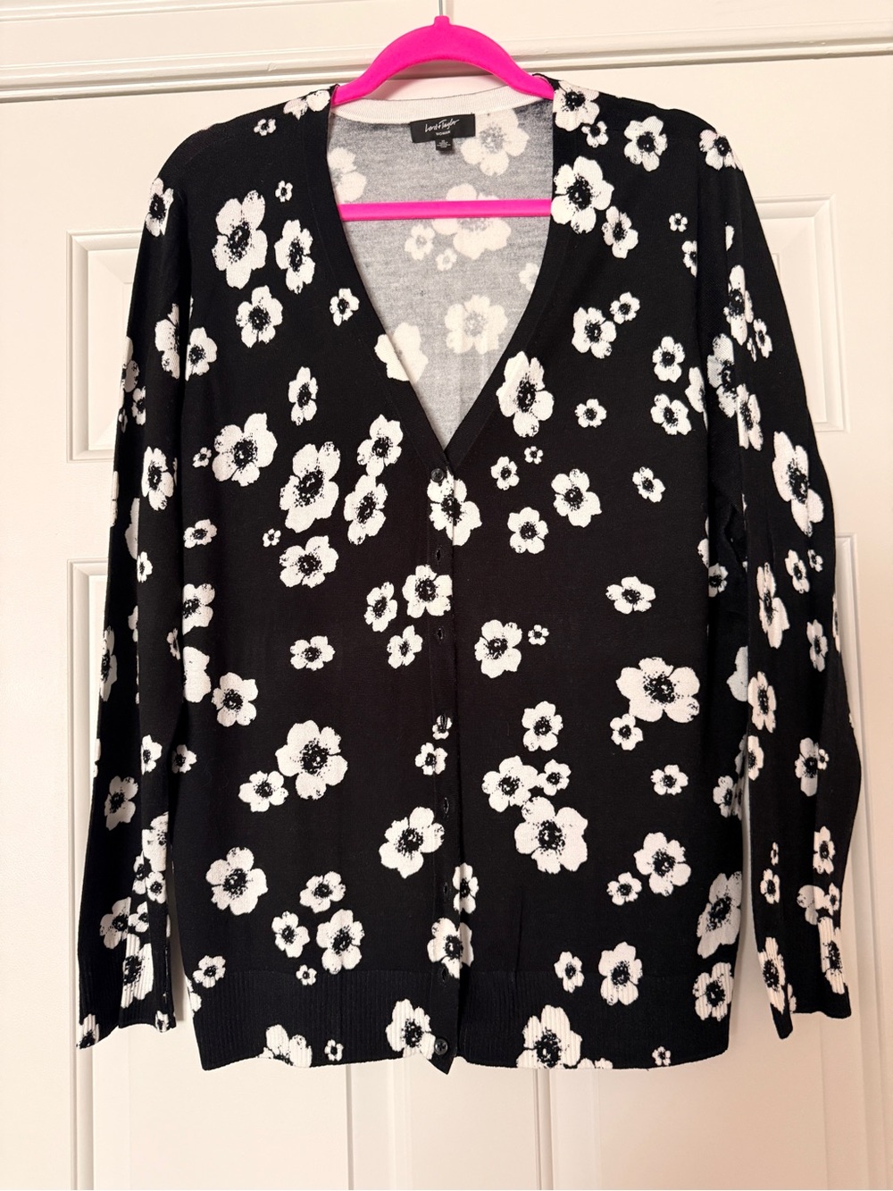 Lord & Taylor Black and White Floral V-Neck Cardigan